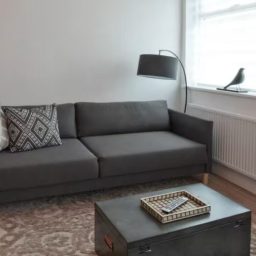 Modern living room featuring a grey sofa, coffee table, lamp, and decorative bird.