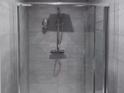 Shower enclosure with glass doors and a wall-mounted shower head.