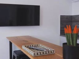 A sleek wooden table with a plant and a black TV mounted on the wall.