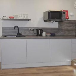 Modern kitchen featuring grey cabinetry, a sink, microwave, and kettle.